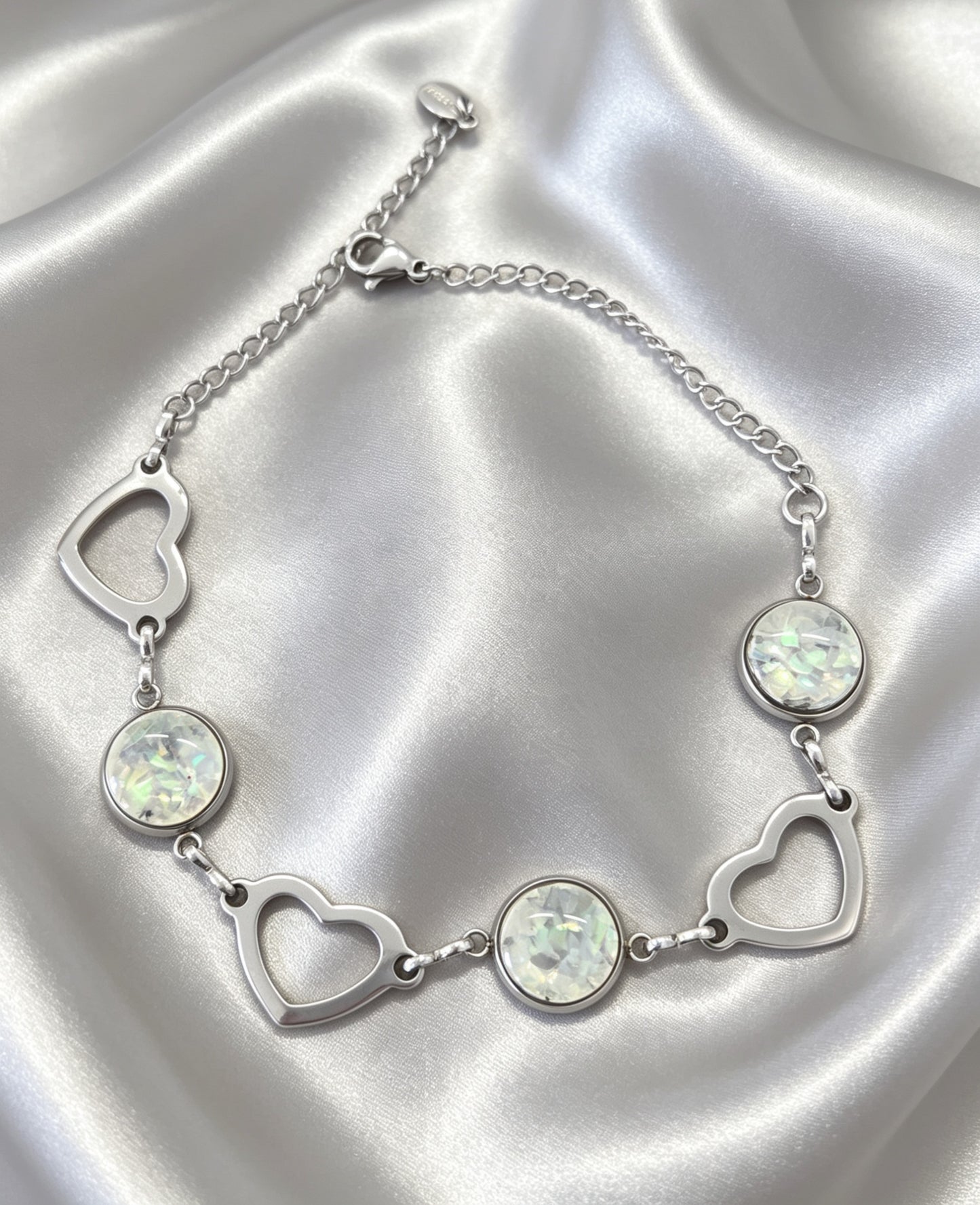 Romantic Heart and round Disc Bracelet with epoxy accent in silver tone