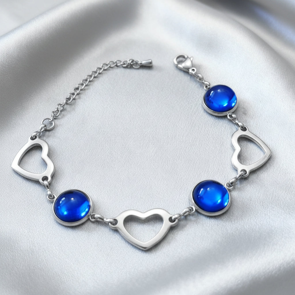 Romantic Heart and round Disc Bracelet with epoxy accent in silver tone