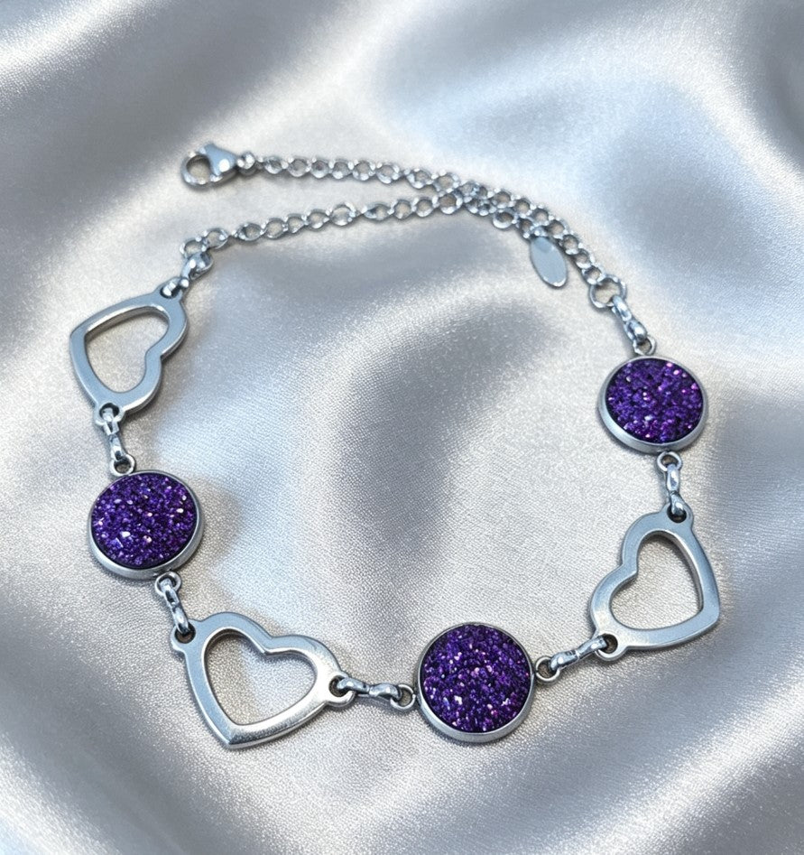 Romantic Heart and round Disc Bracelet with epoxy accent in silver tone