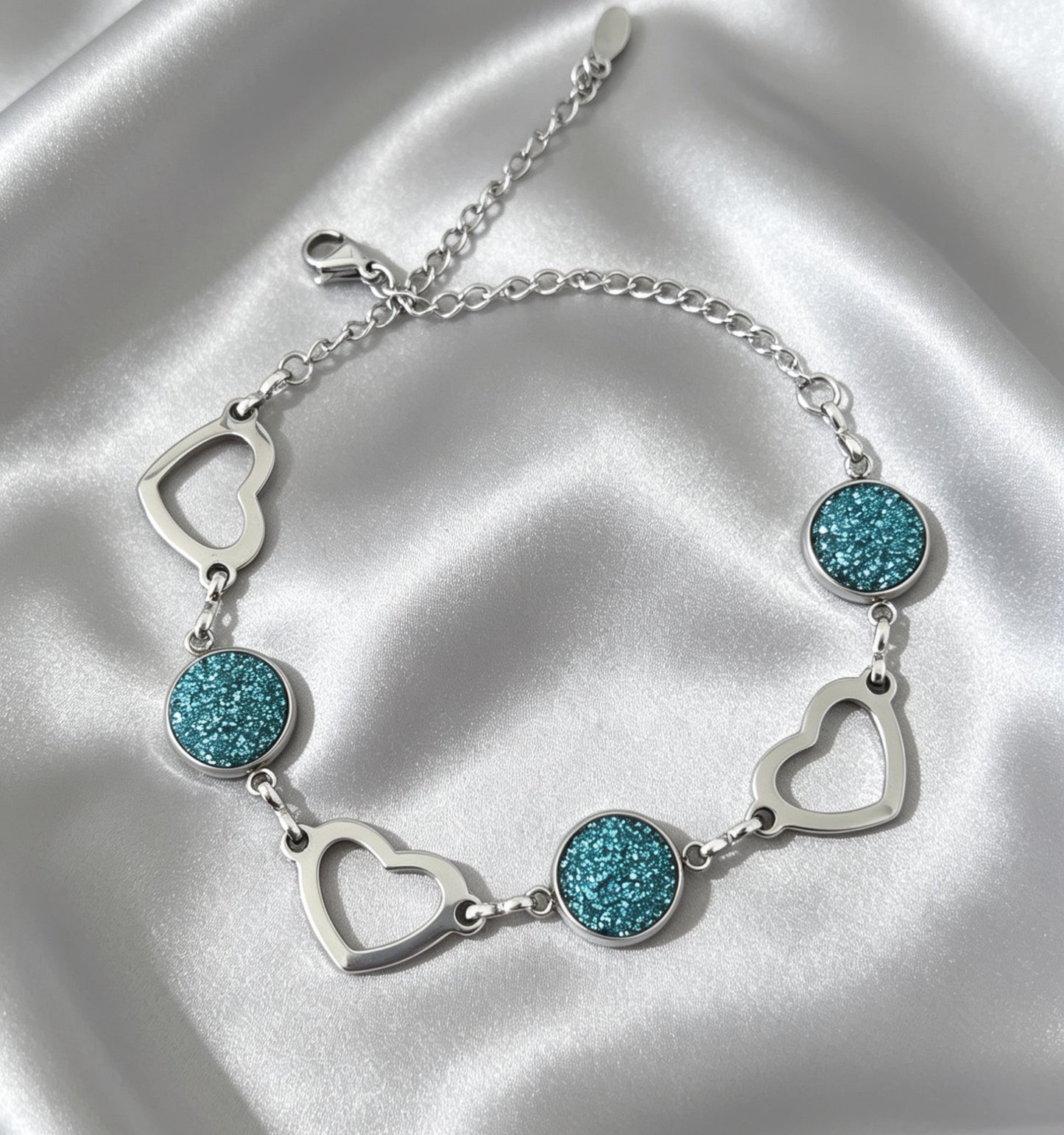 Romantic Heart and round Disc Bracelet with epoxy accent in silver tone