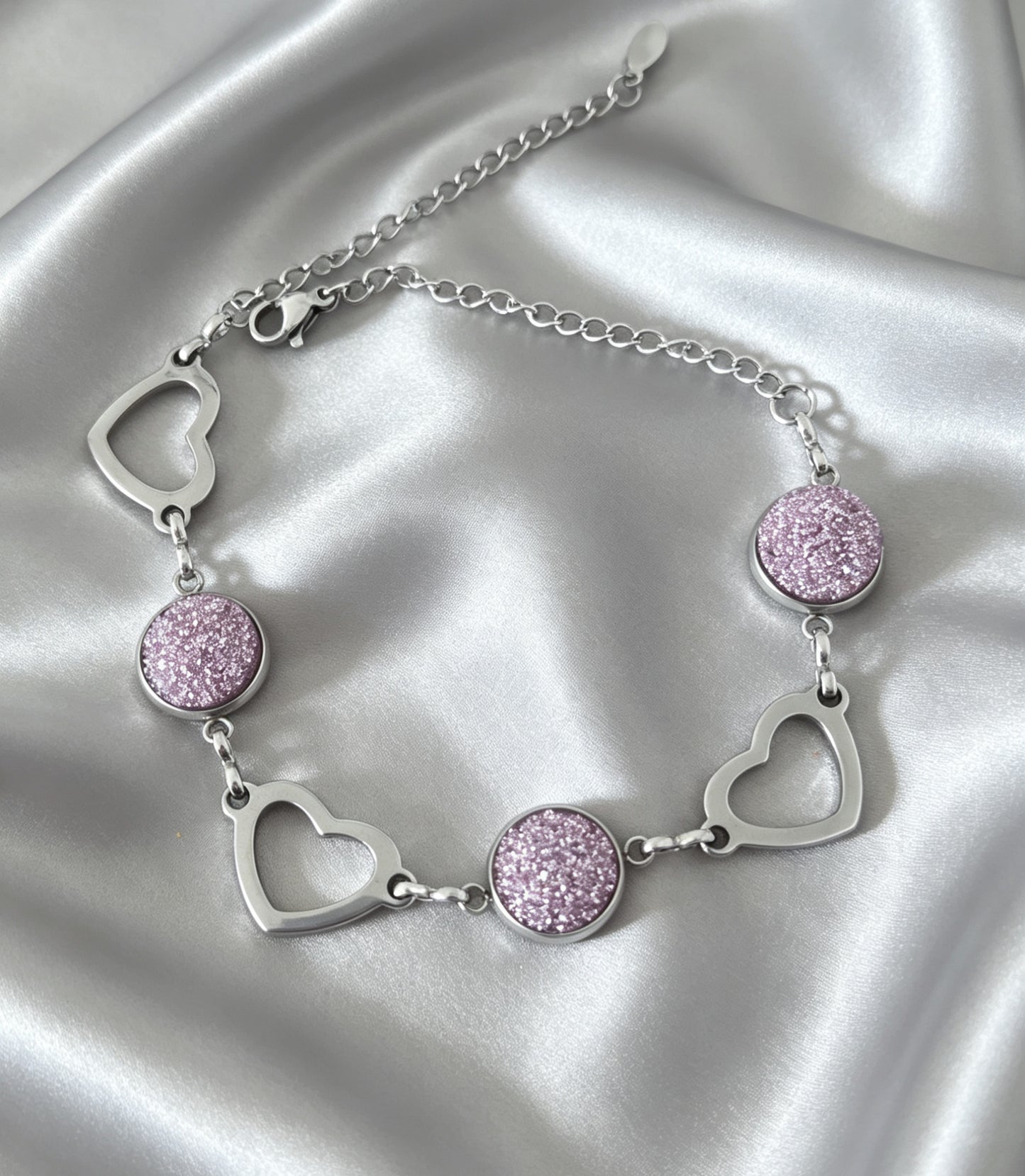 Romantic Heart and round Disc Bracelet with epoxy accent in silver tone