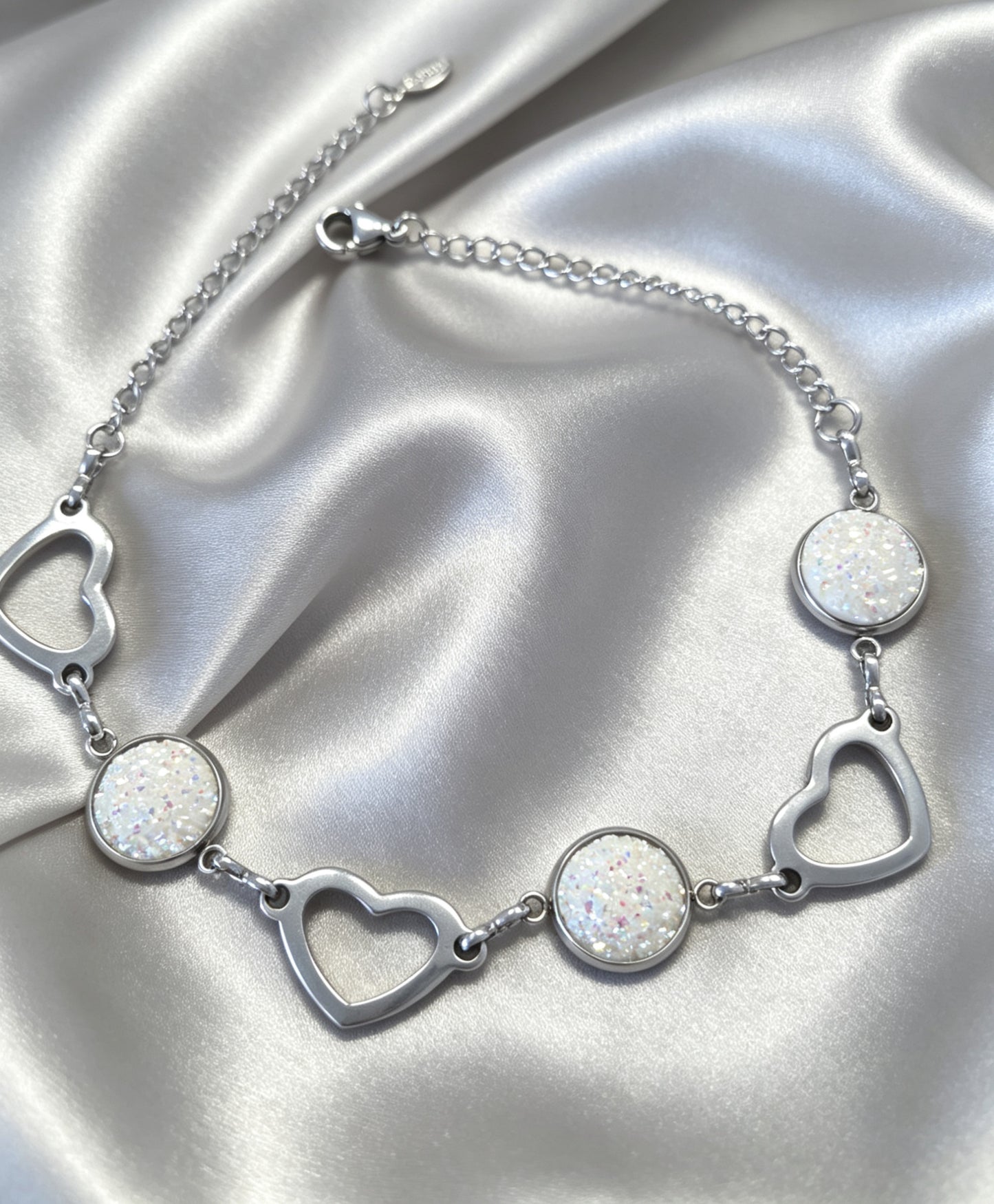 Romantic Heart and round Disc Bracelet with epoxy accent in silver tone